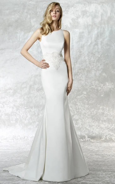 Long High Neck Appliqued Jersey Wedding Dress With Sweep Train