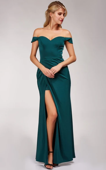 Casual A Line Satin Floor-length Short Sleeve Formal Dress with Split Front