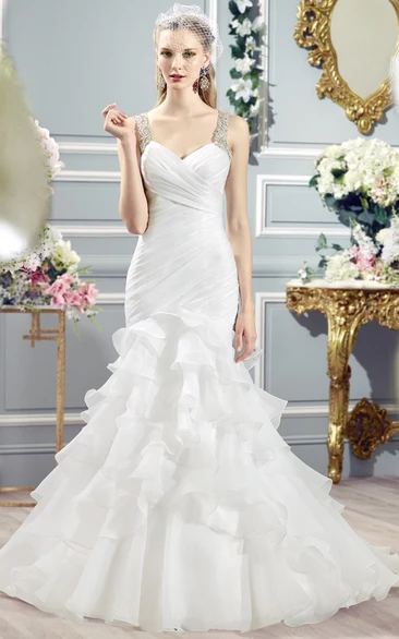A-Line Sleeveless Floor-Length Ruffled Strapless Organza Wedding Dress With Tiers And Beading