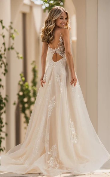 Summer Beach A-Line Boho V-Neck Sleeveless Wedding Dress Sexy Elegant Lace Tulle Appliques Floor Length Bridal Gown with Train