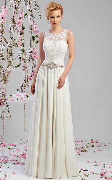 Sheath Scoop-Neck Appliqued Floor-Length Sleeveless Chiffon Wedding Dress With Waist Jewellery