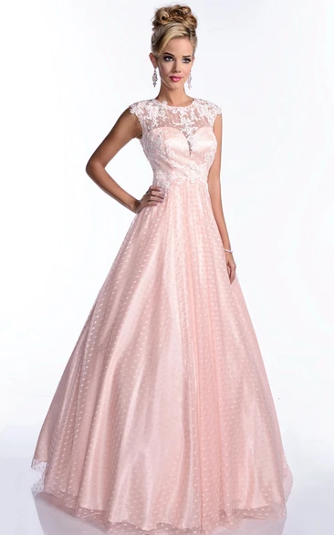 Tulle A-Line Cap Sleeve Elegant Prom Dress With Beaded Lace Appliques