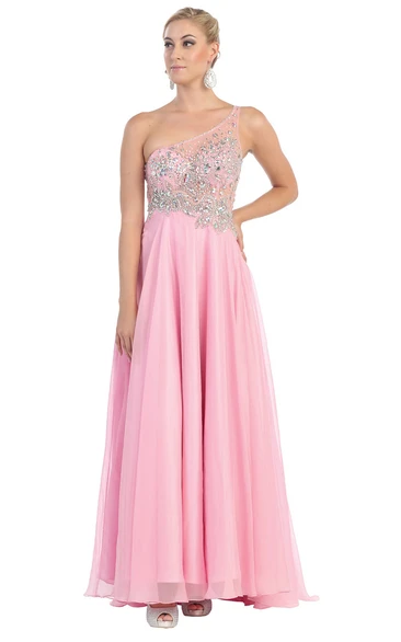A-Line One-Shoulder Sleeveless Tulle Illusion Dress With Beading And Pleats