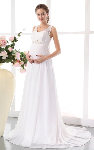 Soft Flowing Empire Chiffon Sleevess Maternity Wedding Gown With Beading