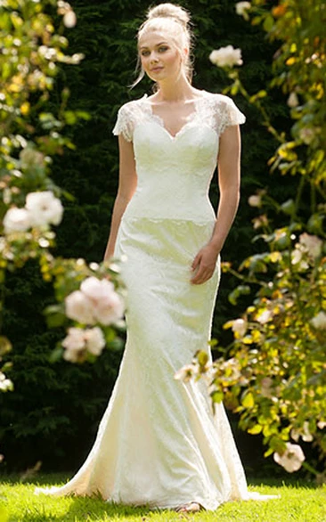 V-Neck Long Cap-Sleeve Appliqued Lace Wedding Dress With Sweep Train And V Back