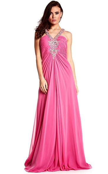A-Line Sleeveless Ruched Floor-Length Empire Chiffon Prom Dress With Beading