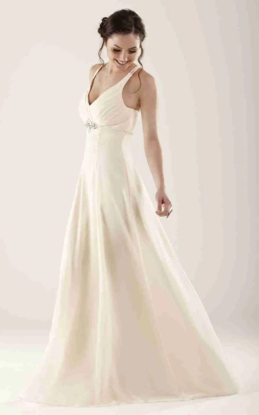 Empire Jeweled Sleeveless V-Neck Chiffon Bridesmaid Dress With Ruching
