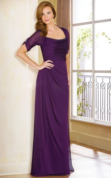 Half-Sleeved Long Gown With Ruches And Beadings