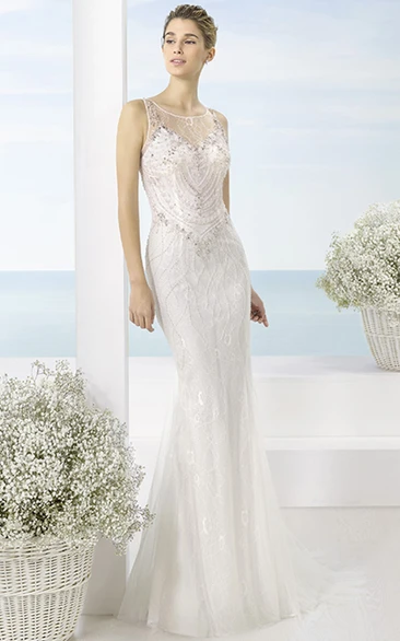 Long Scoop Beaded Tulle Wedding Dress With Sweep Train And Illusion