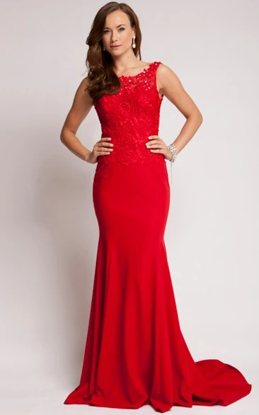 Sheath Lace Bateau Floor-Length Sleeveless Jersey Prom Dress With Backless Style And Sweep Train