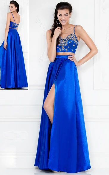 Two-Piece A-Line Spaghetti Sleeveless Satin Dress With Split Front And Beading