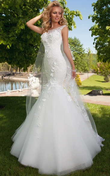 Mermaid Appliqued Sleeveless Floor-Length Bateau Lace&Tulle Wedding Dress With Illusion Back And Flower