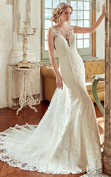 V-Neck Sheath Wedding Dress with Lace Floral Straps and Open Back 