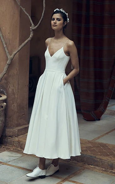 Sexy Chiffon Spaghetti Ankle-Length Bridal Gown with Pocket and Deep-V Back