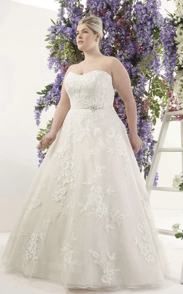 Strapless Lace A-Line Gown With Corset Back And Sweep Train