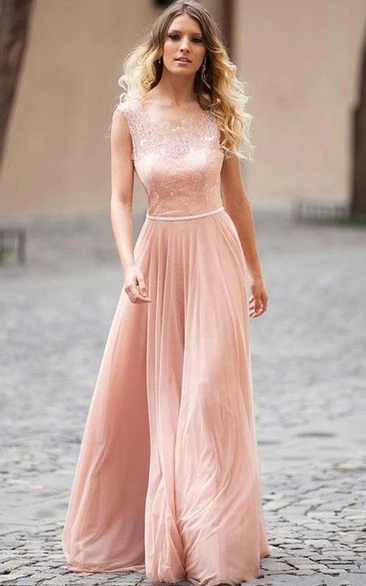 A Line Sleeveless Chiffon Modest Lace-up Back Prom Dress with Beading