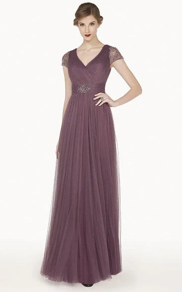 V Neck Lace Cap Sleeve A-Line Tulle Long Prom Dress With Beading Waist