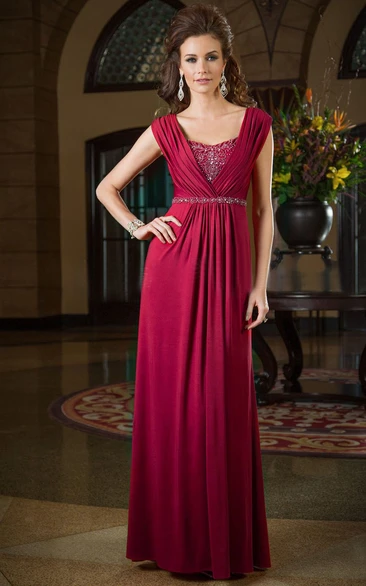 Cap-Sleeved A-Long Floor-Length Mother Of The Bride Dress With Jewels
