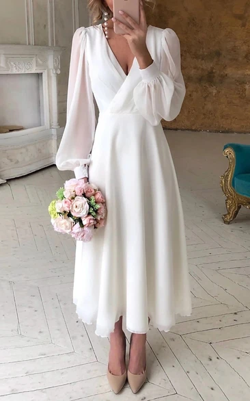 Simple Chiffon A-Line Wedding Dress with Poet Sleeves Romantic Beach Style
