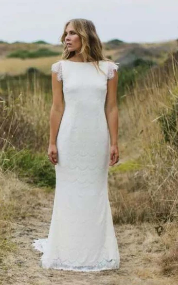 Sheath Bateau Lace Zipper Wedding Dress