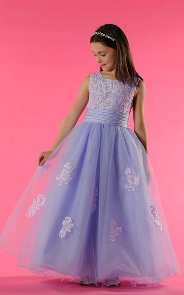 Flower Girl Scoop Neck Tulle Ball Gown With Lace Top