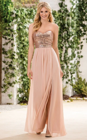 Sweetheart A-Line Gown With Sequined Bodice And Front Slit