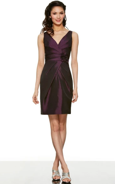 Pencil Short Ruched Sleeveless V-Neck Satin Bridesmaid Dress With Flower