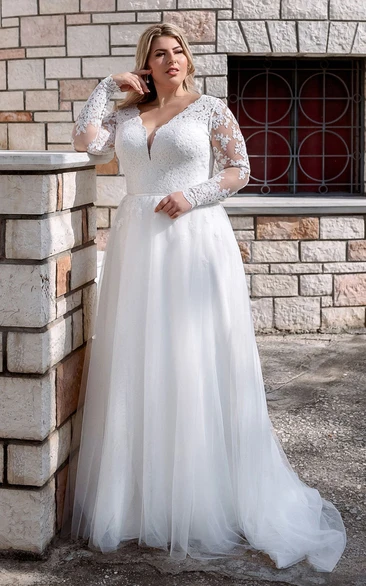 Modern Long Sleeve Floor-length Lace A Line Wedding Dress with Appliques