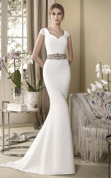 Sheath Cap-Sleeve Jeweled V-Neck Floor-Length Wedding Dress