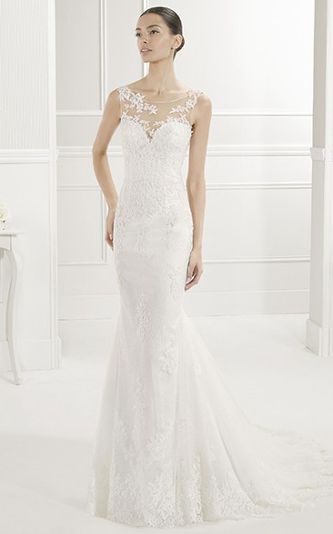 Scoop Neck Sheath Lace Bridal Gown With Appliqued Illusion Back