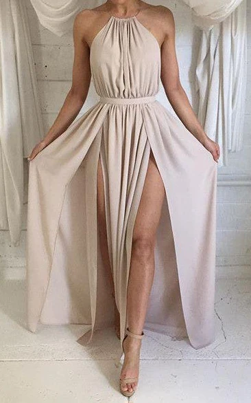 Elegant Halter Sleeveless Prom Dresses Split Floor Length Chiffon