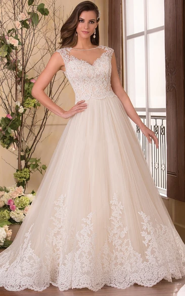Cap-Sleeved Bateau-Neck A-Line Gown With Appliqued Bodice