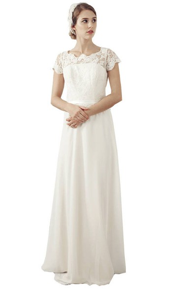 Sheath Cap-Sleeve Scoop-Neck Chiffon Wedding Dress With Lace And Illusion