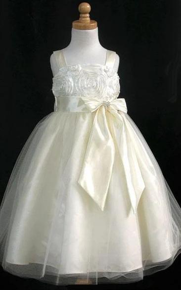 Embroideried Tea-Length Split-Front Bowed Tulle&Satin Flower Girl Dress With Sash