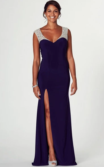 Floor-Length V-Neck Sleeveless Beaded Jersey Prom Dress