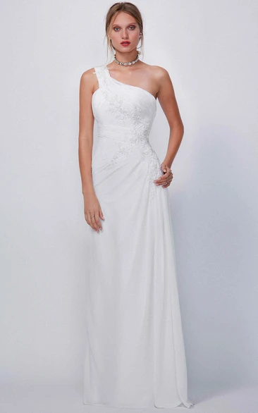 One-Shoulder Long Appliqued Chiffon Wedding Dress With Draping And Corset Back