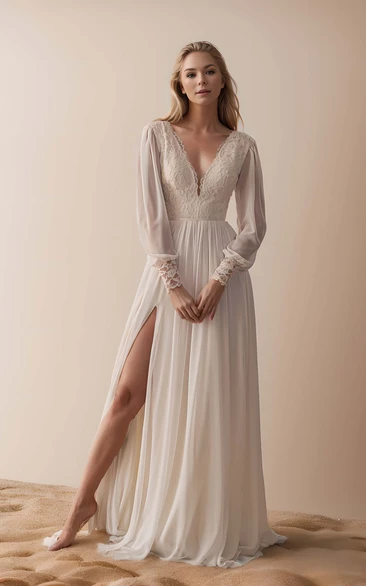 Vintage Elegant A-Line Boho Lace Chiffon Long Sleeve Fall Sashed Wedding Dress with Sexy Split Front V-Neck Low Back Court Train