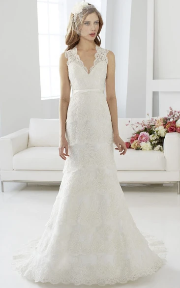 A-Line Appliqued V-Neck Long Sleeveless Lace Wedding Dress With Keyhole Back And Tiers