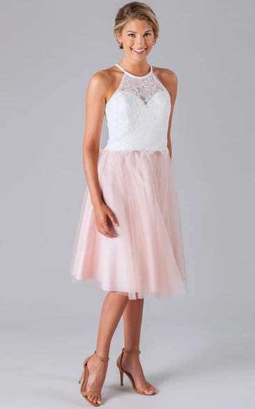 Short Lace Sleeveless Scoop Neck Tulle Bridesmaid Dress