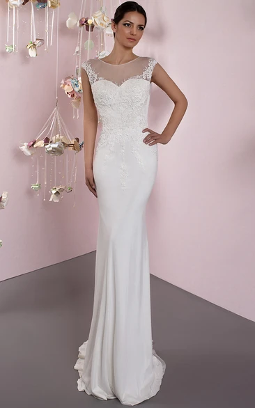 Pencil Scoop Cap-Sleeve Maxi Appliqued Jersey Wedding Dress With Low-V Back And Sweep Train