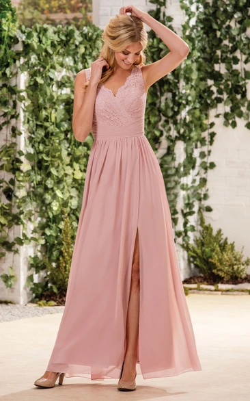 Sleeveless V-Neck A-Line Bridesmaid Dress With Lace And Front Slit
