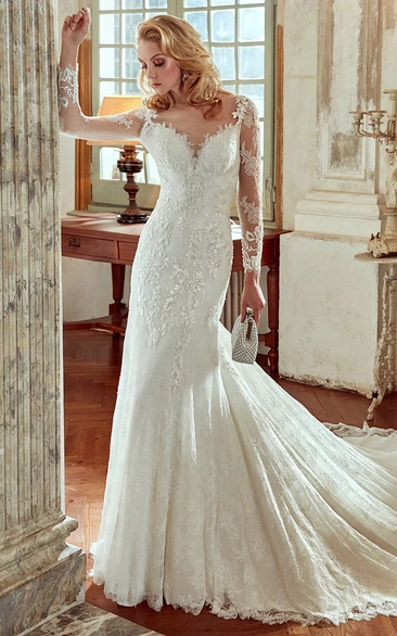 Sweetheart Long-Sleeve Lace Wedding Dress With Appliques And Court Train