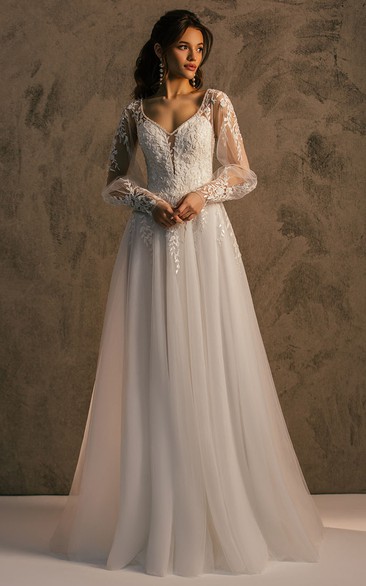 Bohemian A Line V-neck Sweep Train Tulle Wedding Dress with Appliques