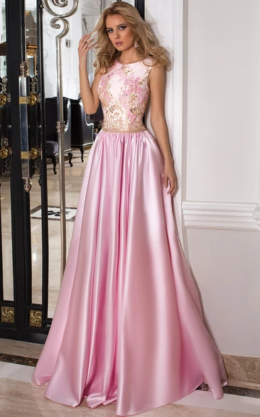 Scoop Floor-Length Beaded Pleated Satin Prom Dress With Appliques