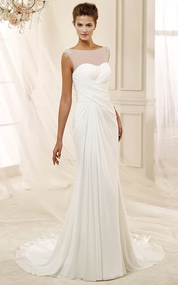 Jewel-Neck Cap-Sleeve Draping Chiffon Wedding Dress With Bandage Waist And Illusive Neckline