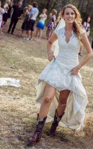 Country Sheath V-Neck Cap Sleeve Court Train Lace Wedding Dress