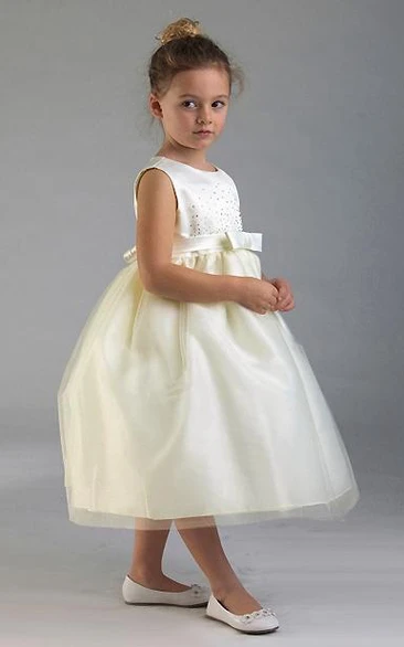 Tiered Tea-Length Bowed Tulle&Sequins Flower Girl Dress With Appliques