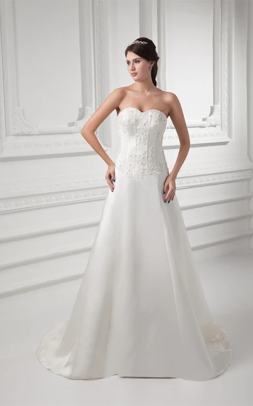 Sweetheart Sleeveless Satin A-Line Wedding Gown with Appliqued Bodice