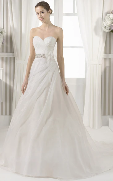 A-Line Jeweled Sweetheart Satin Wedding Dress With Criss Cross And Flower
