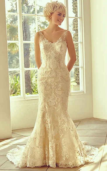 Long V-Neck Appliqued Lace Wedding Dress With Sweep Train And V Back